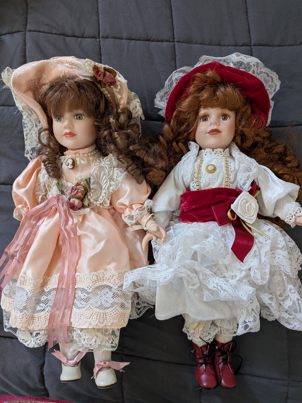 Set of 2 Vintage Style Porcelain Dolls Victorian Lace Dresses Pink & Red Outfit